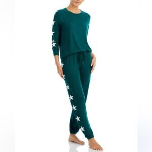 AQUA Lounge‎ Green Star Print Long Sleeve Pajama Set Womens XS